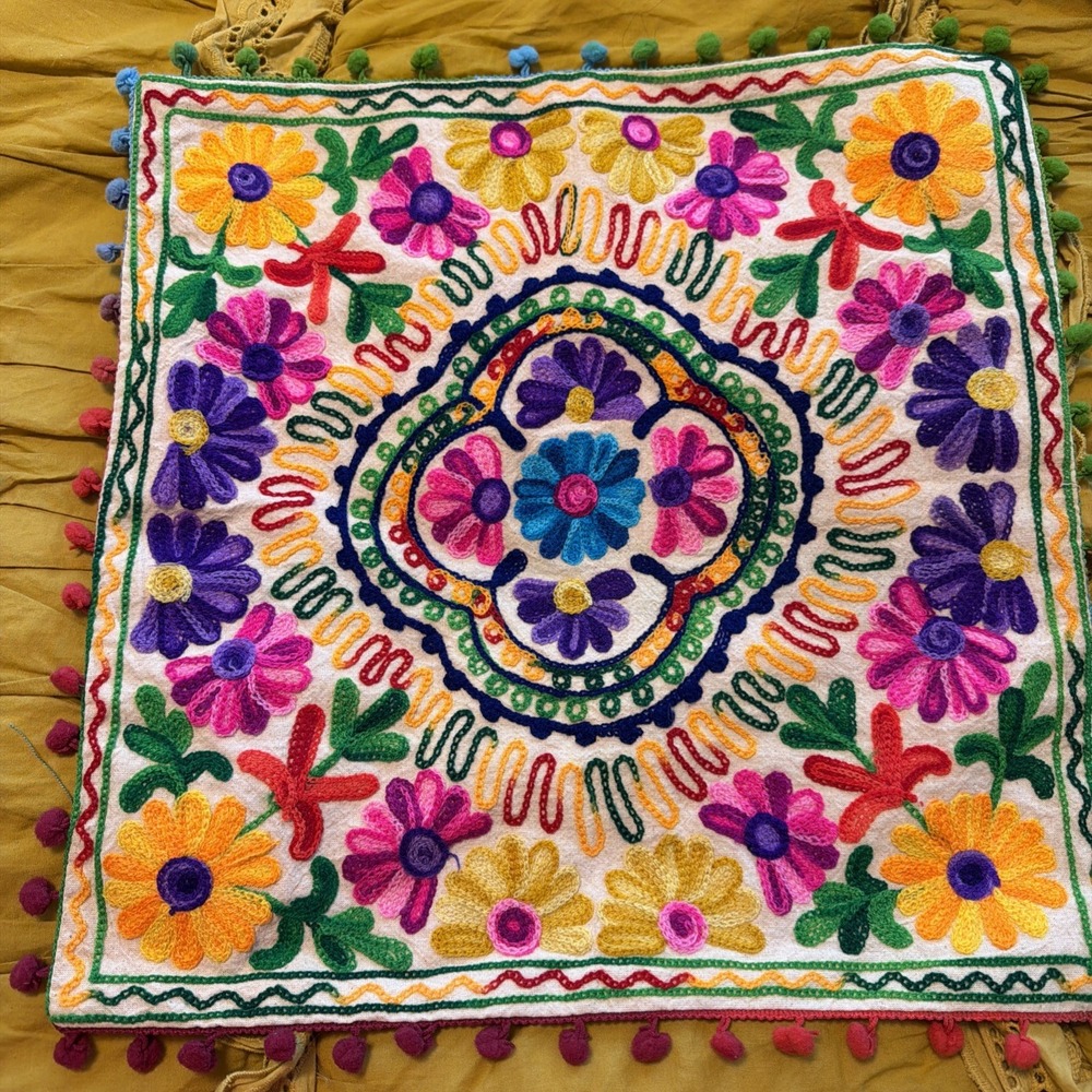 NEW ANTHROPOLOGIE Suzani Cushion Cover BOHO Embroidery Pillow Case 16" x16"